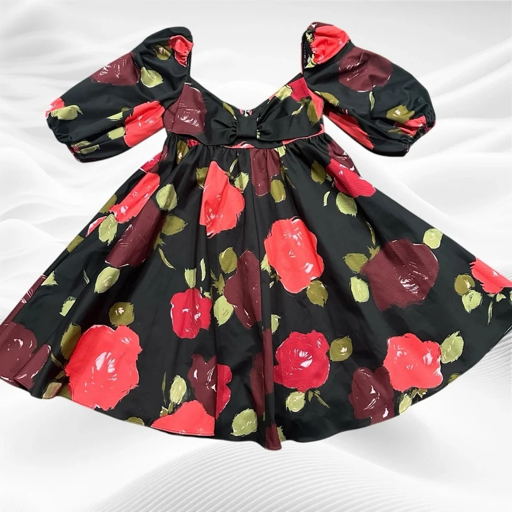 Kate Spade Just Rosy Beau Bow‎ Sweetheart Neck Puff Sleeve dress Size 0